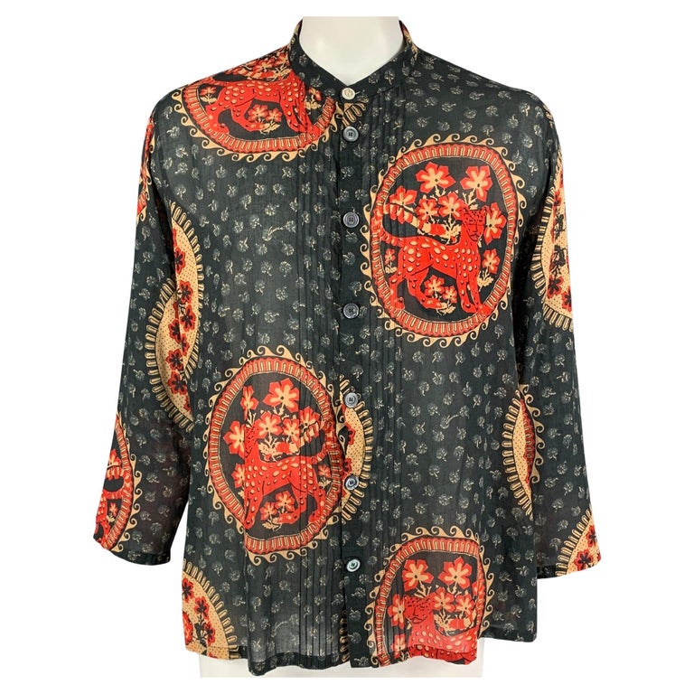 GUCCI Size L Gray Red Khaki Print Cotton Nehru Collar Long Sleeve Shirt ...