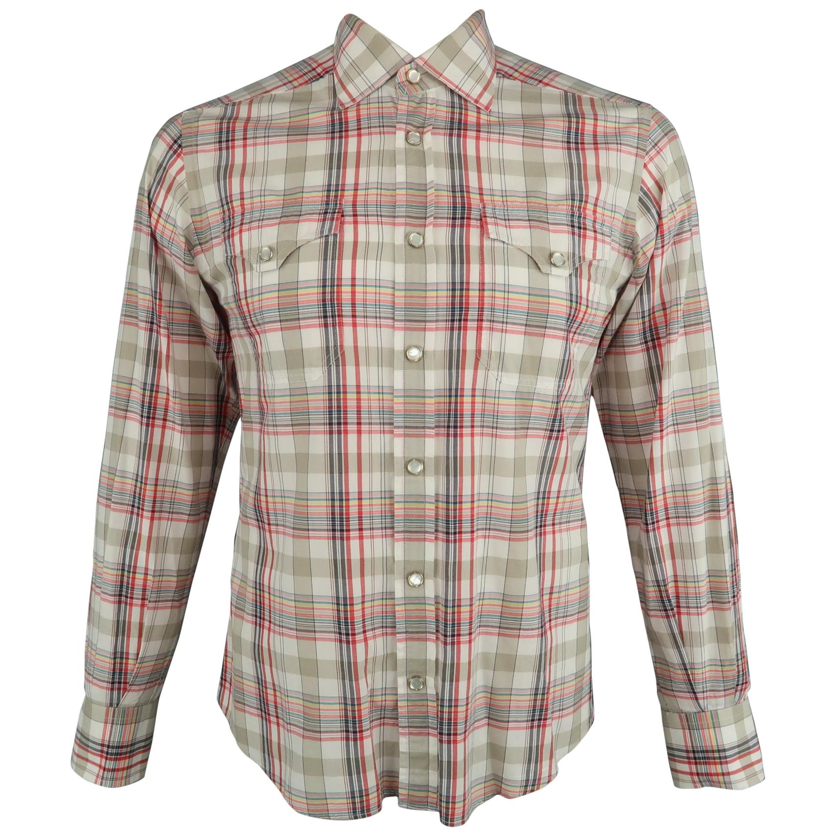 GUCCI Size L Multi-Color Plaid Cotton Snaps Long Sleeve Shirt