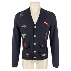 GUCCI Size L Navy Embroidery Wool V-Neck Cardigan