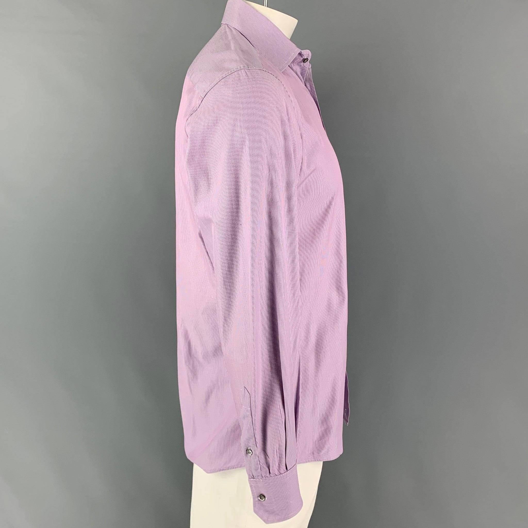 GUCCI long sleeve shirt purple & white stripe cotton featuring a fitted style, spread collar, and a button up closure. Made in Italy.Very Good
 Pre-Owned Condition. 
 

 Marked:  42/16.5 
 

 Measurements: 
  
 Shoulder: 18 inches Chest: 42 inches