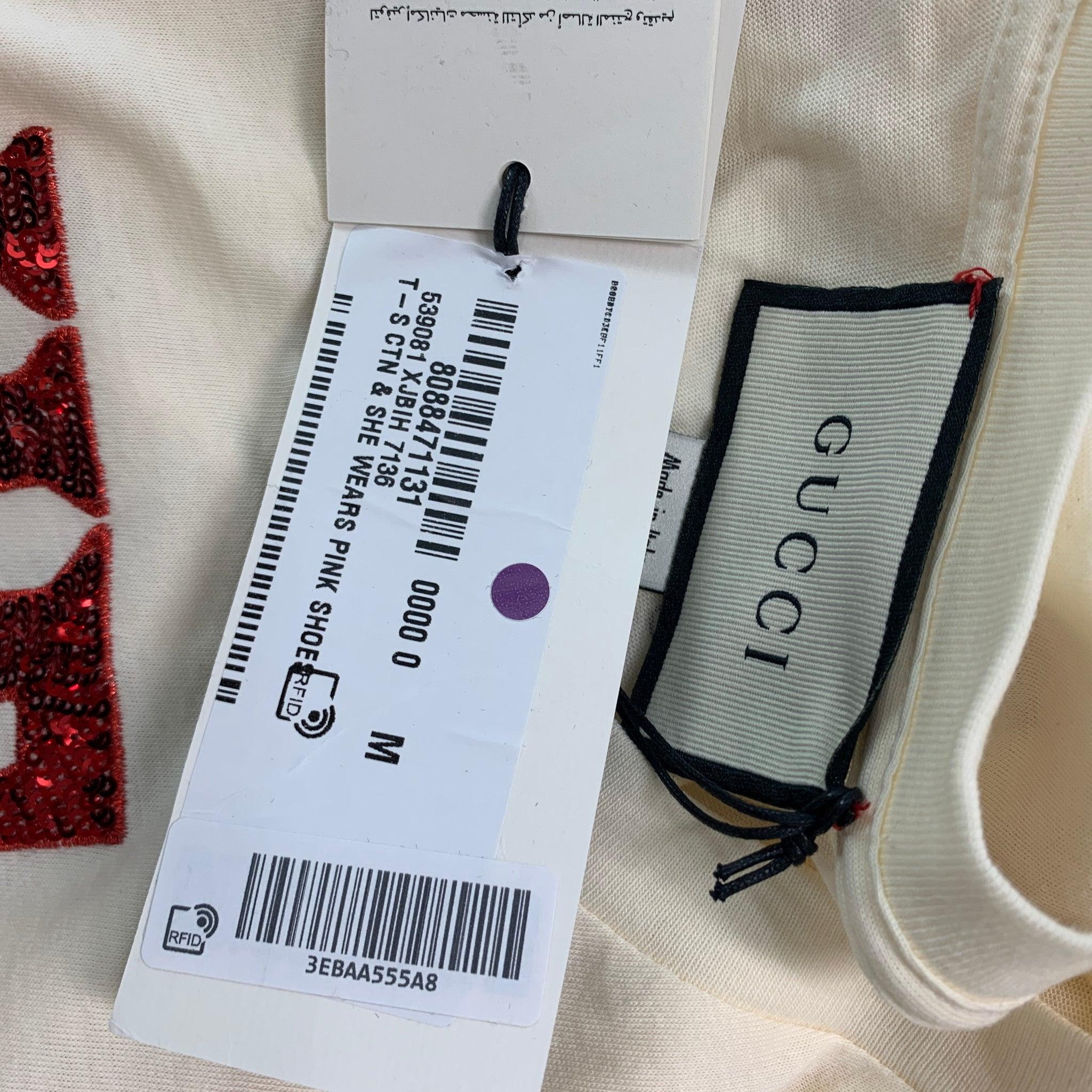 GUCCI Size M Beige Red Embroidery Cotton Crew-Neck T-shirt For Sale 1