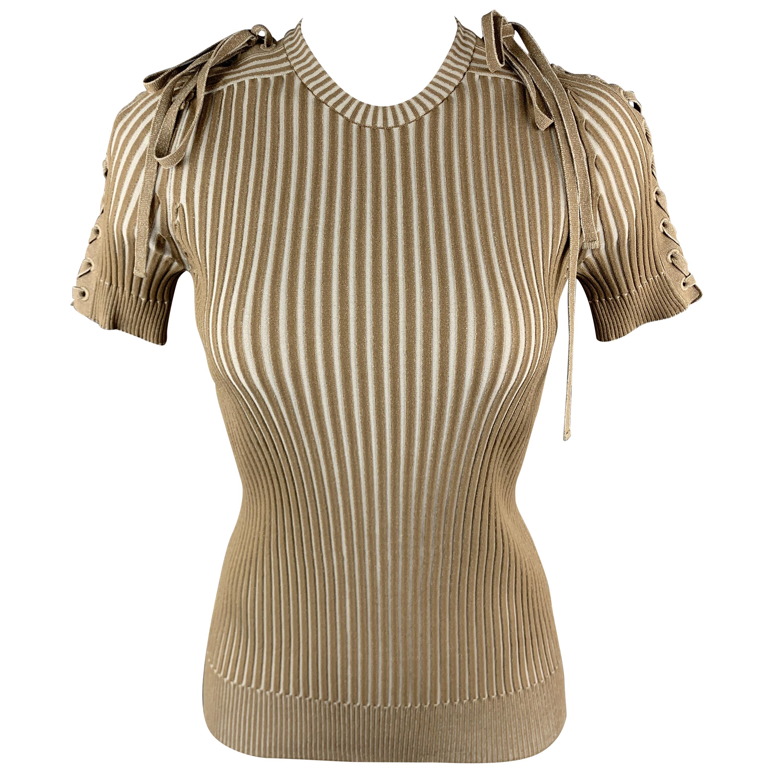 GUCCI Size M Beige Viscose Polyester Ribbed Striped Lace Up Pullover at ...