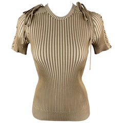 GUCCI Size M Beige Viscose Polyester Ribbed Striped Lace Up Pullover