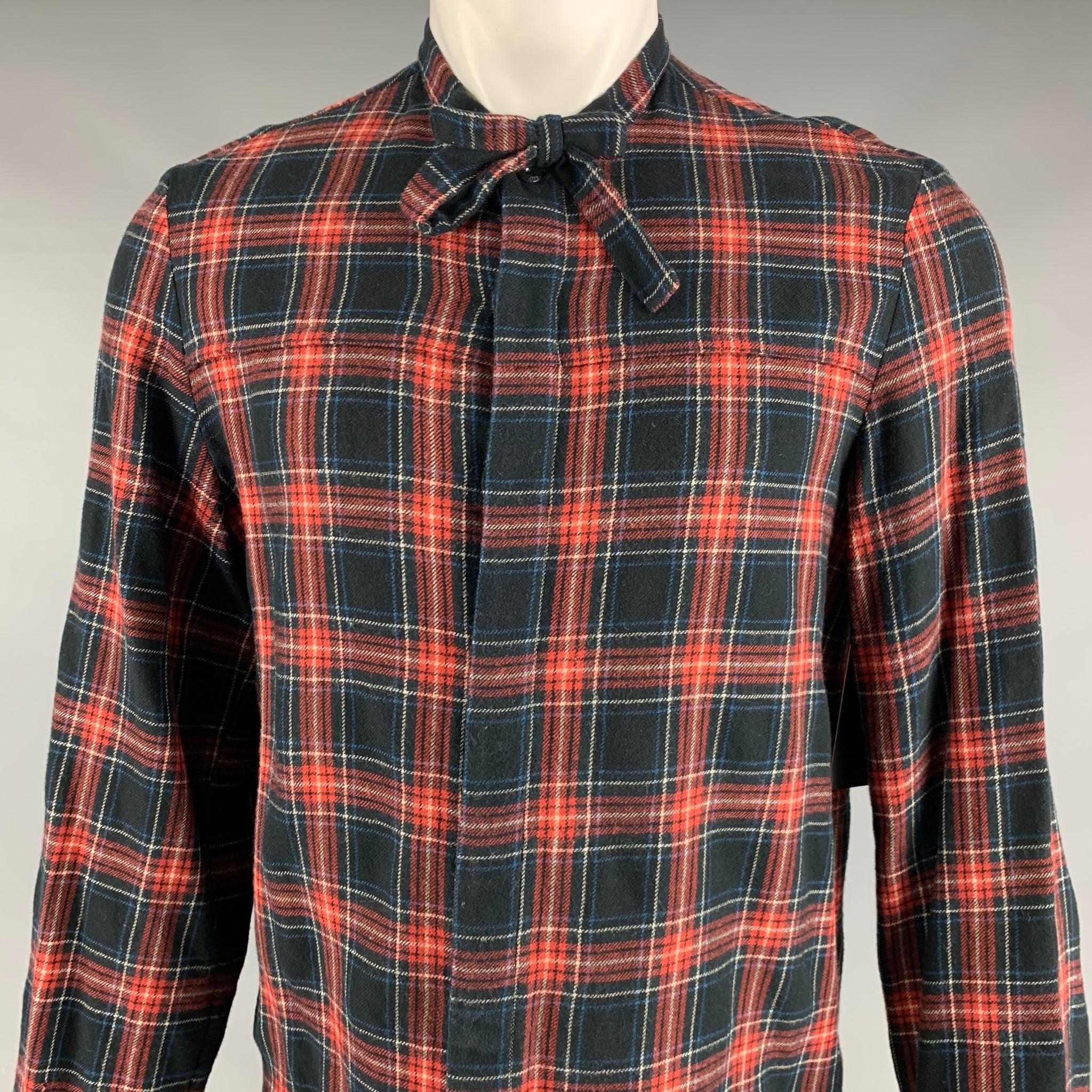 Men's GUCCI Size M Black Red Blue Plaid Cotton Bow Long Sleeve Shirt For Sale