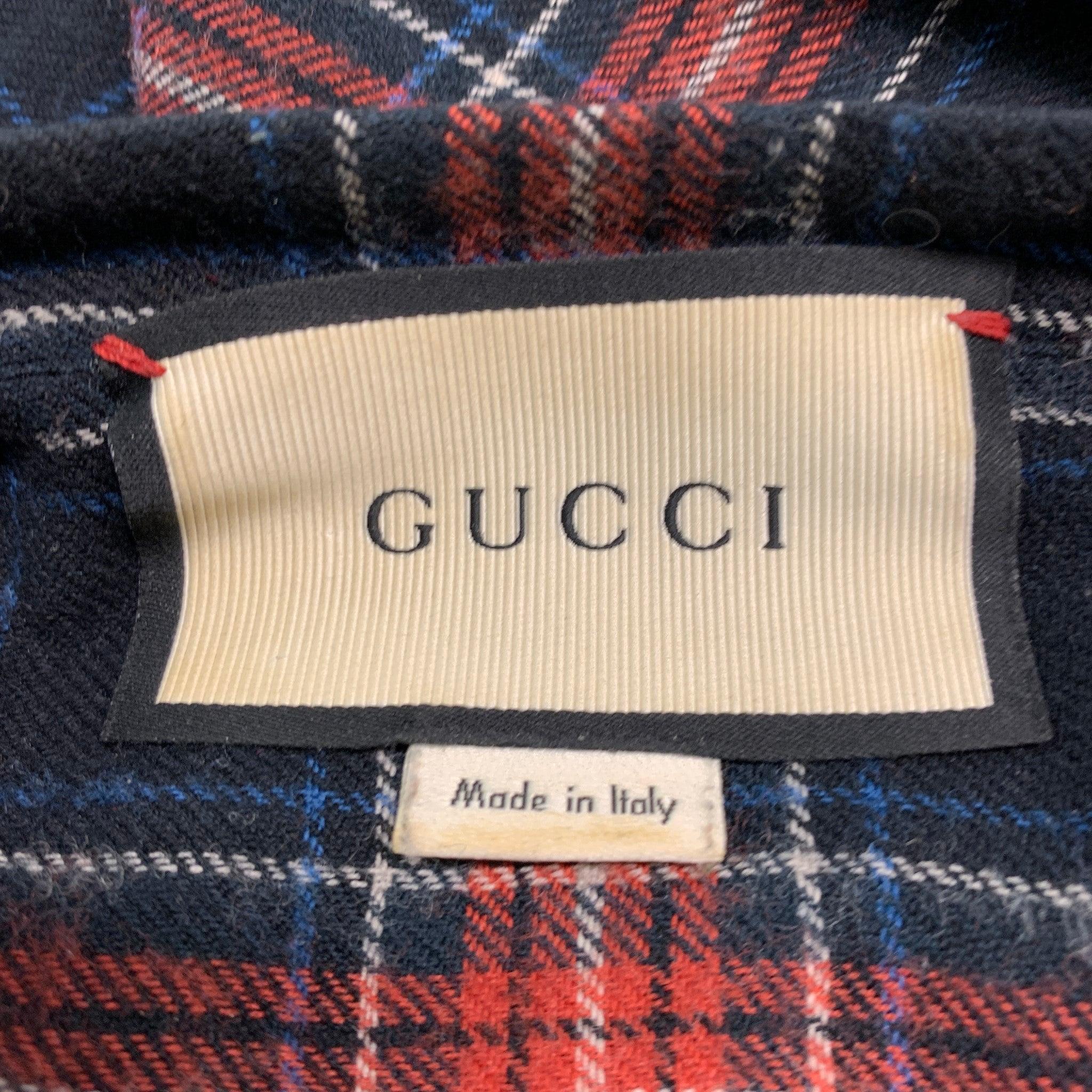GUCCI Size M Black Red Blue Plaid Cotton Bow Long Sleeve Shirt For Sale 1