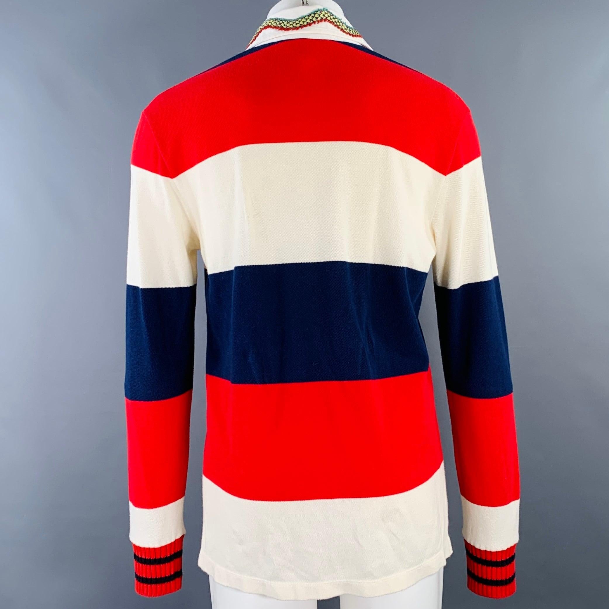 GUCCI Größe M Creme Marineblau Rot gestreift Drachenapplikation Polo (Weiß)