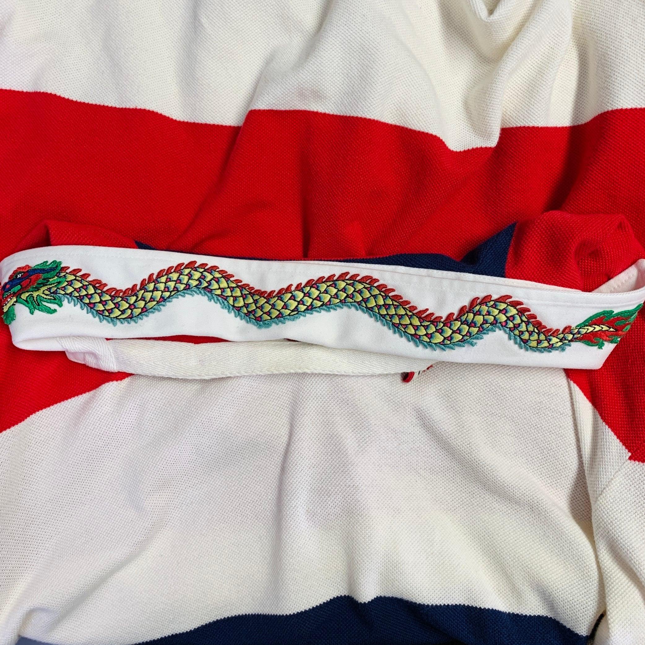 GUCCI Größe M Creme Marineblau Rot gestreift Drachenapplikation Polo Herren