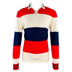 GUCCI Size M Cream Navy Red Stripe Dragon Applique Polo