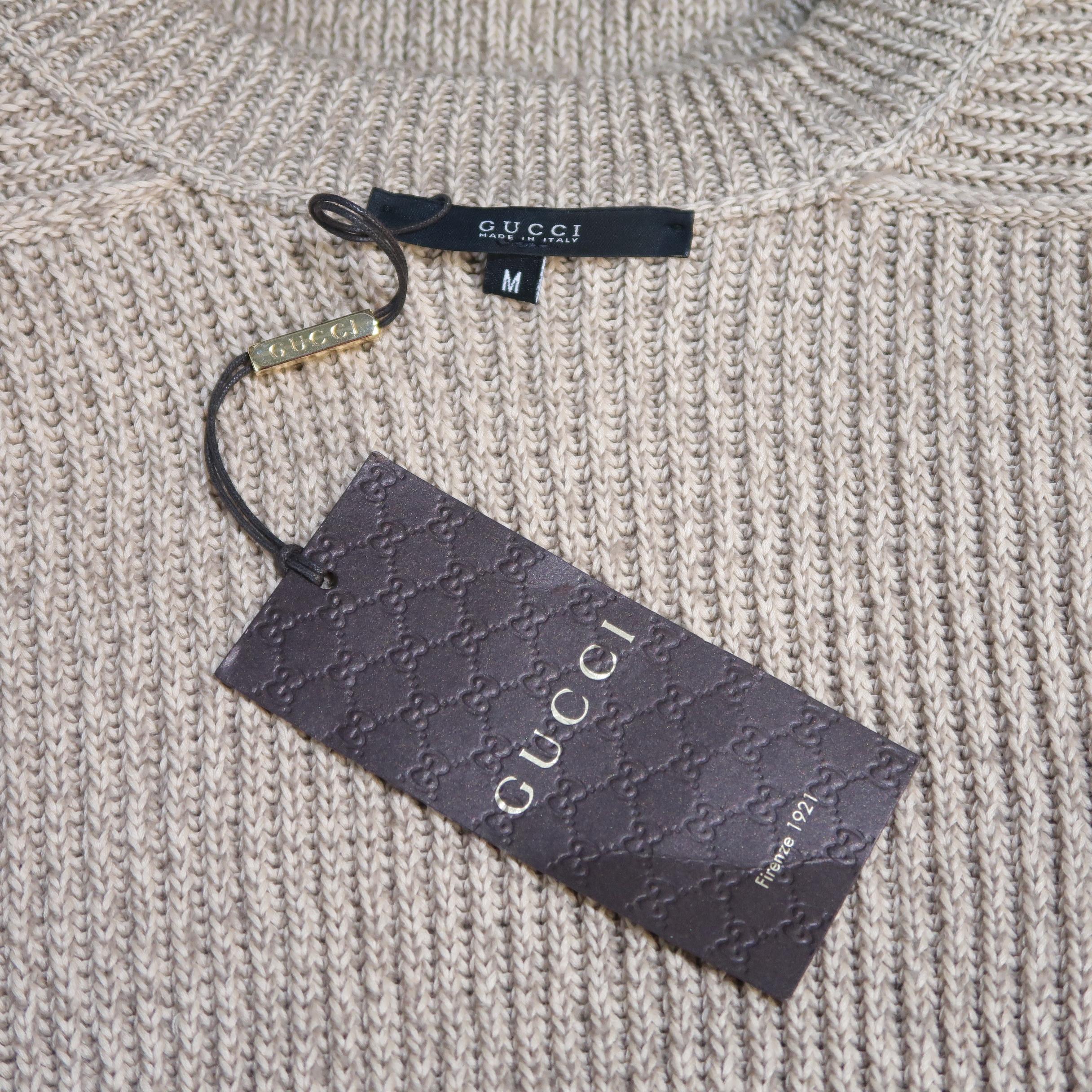 GUCCI Size M Oatmeal Ribbed Knit Cotton Crew-Neck Sweater 5