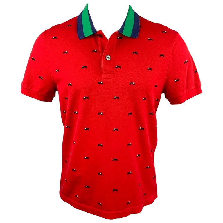 GUCCI Size M Red and Navy Embroidery Pique Buttoned Polo at 1stDibs