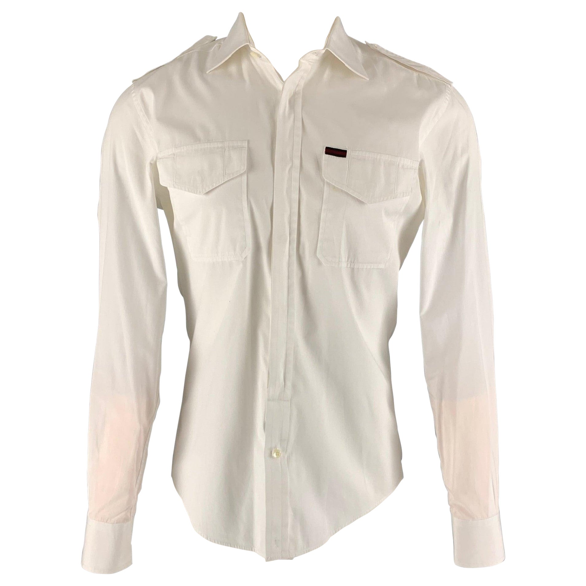 GUCCI Talla M Camisa de manga larga con charreteras de algodón blanco