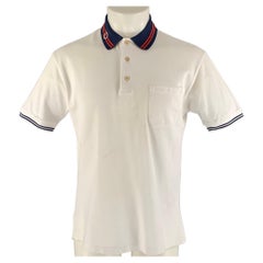 GUCCI Size M White Navy Solid Cotton Buttoned Polo
