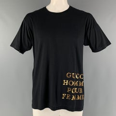 Gucci Size S T-shirt à col ras du cou en coton brodé d'or noir