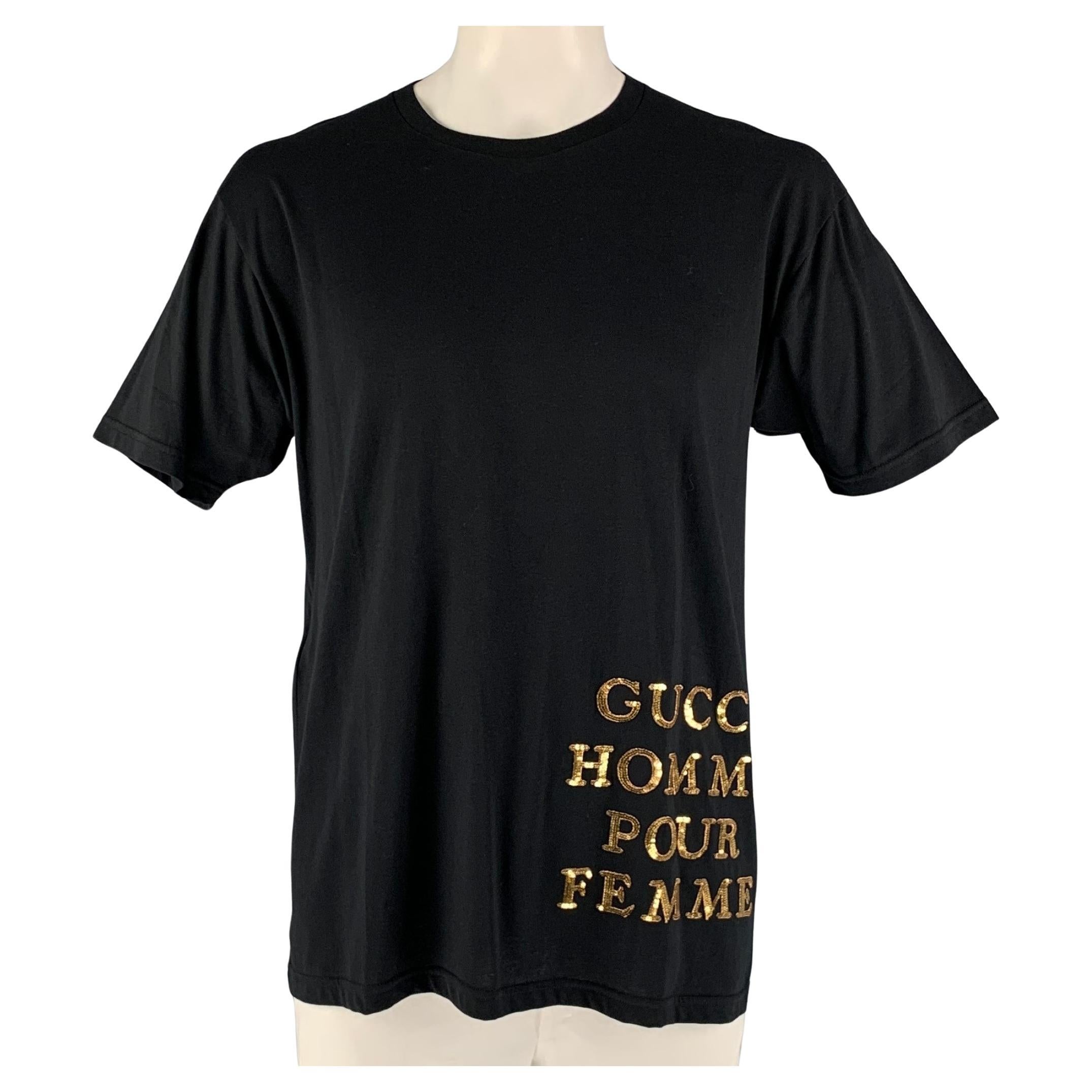 GUCCI Size S Black Gold Embroidery Cotton Crew-Neck T-shirt