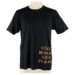 Gucci Size S T-shirt à col ras du cou en coton brodé d'or noir