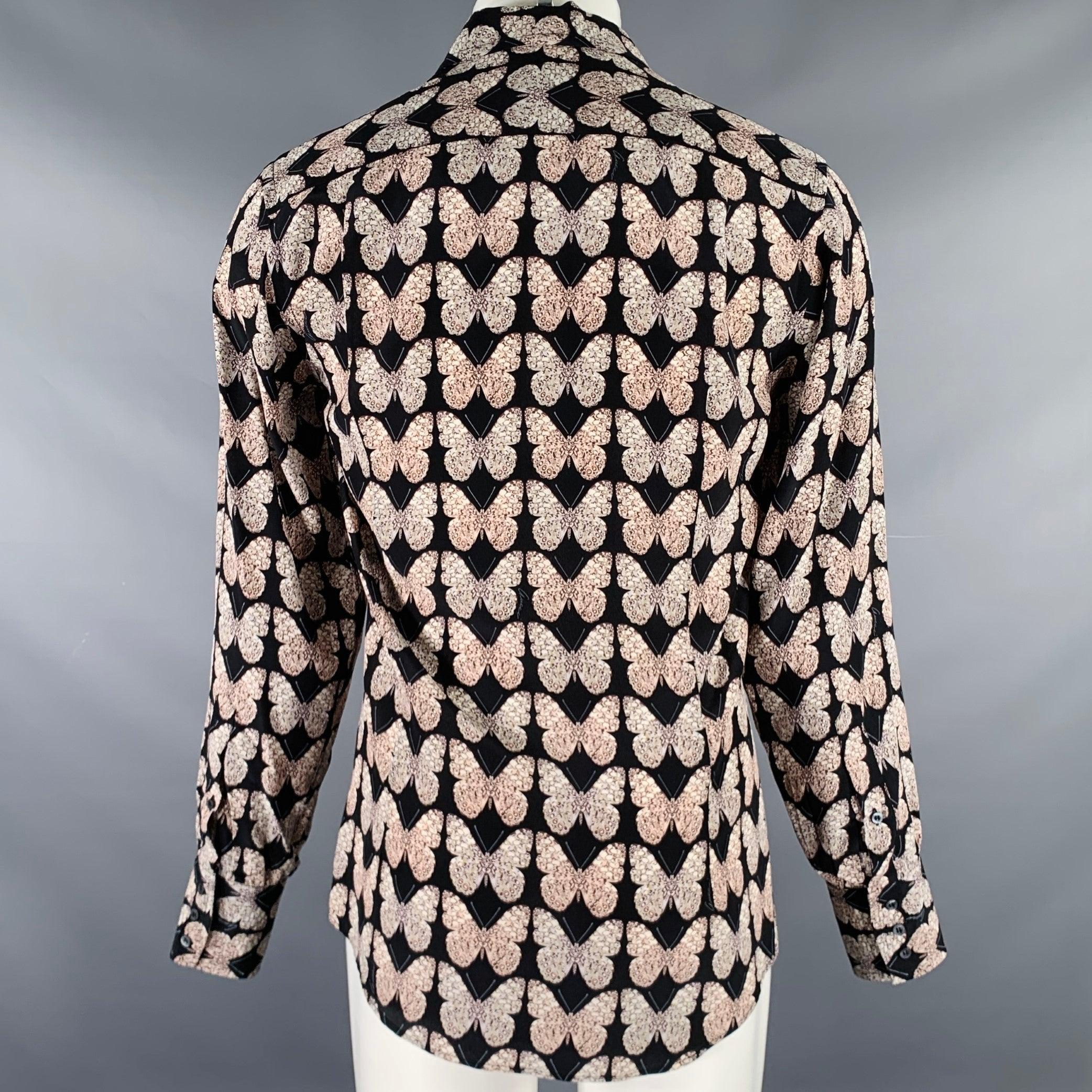 Men's GUCCI Size S Black Rose Grey Butterfly Silk Button Up Long Sleeve Shirt