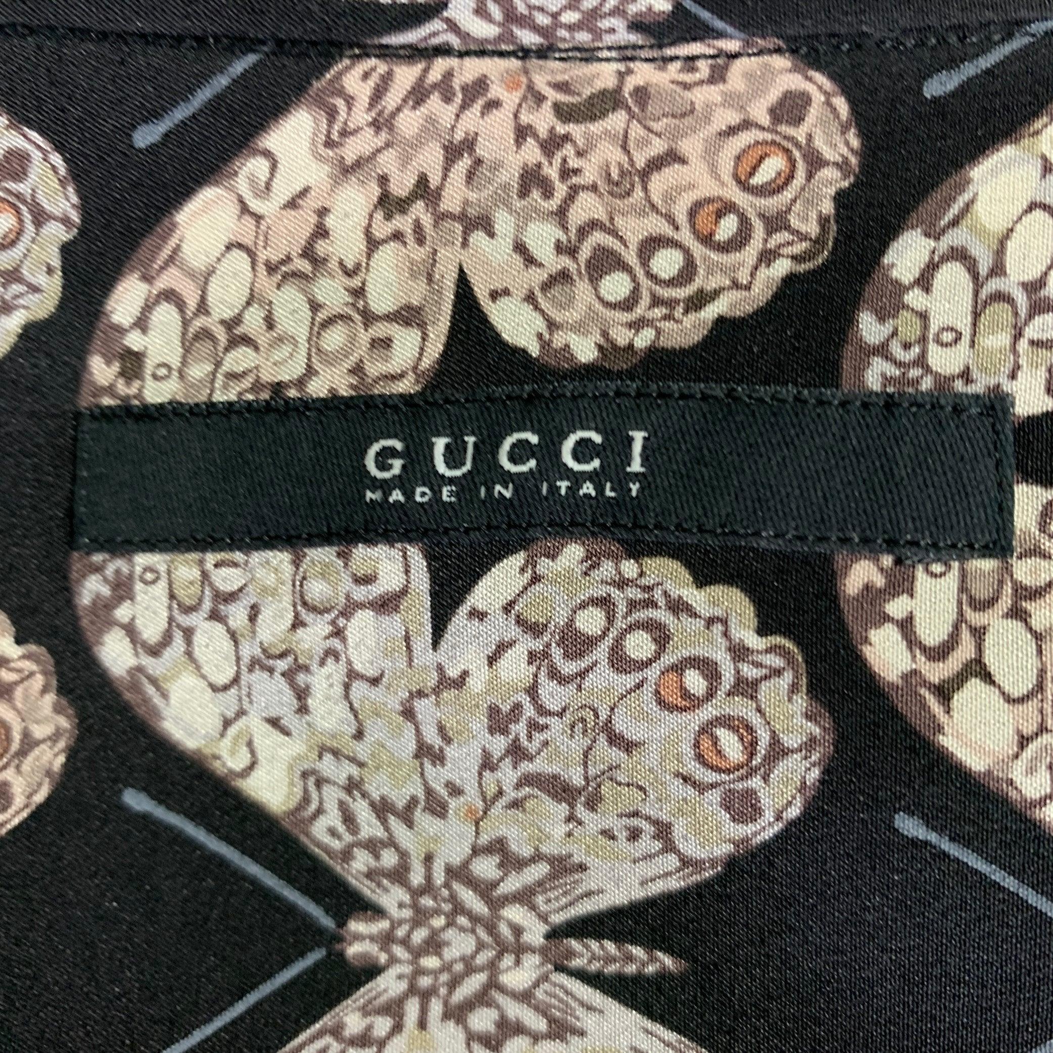 GUCCI Size S Black Rose Grey Butterfly Silk Button Up Long Sleeve Shirt 1