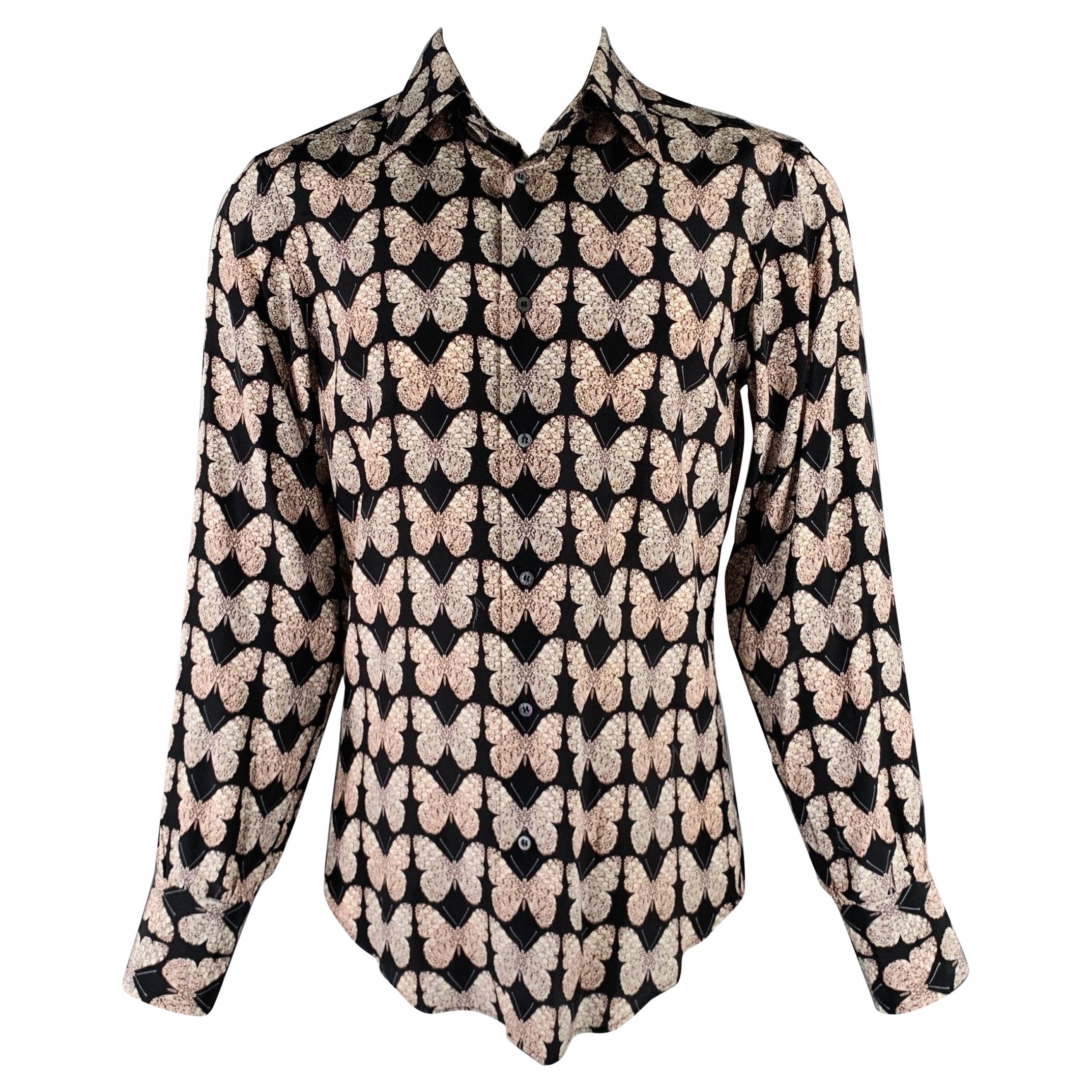 GUCCI Size S Black Rose Grey Butterfly Silk Button Up Long Sleeve Shirt