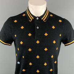 GUCCI Size S Black Yellow Bee Embroidery Cotton Buttoned Polo Shirt