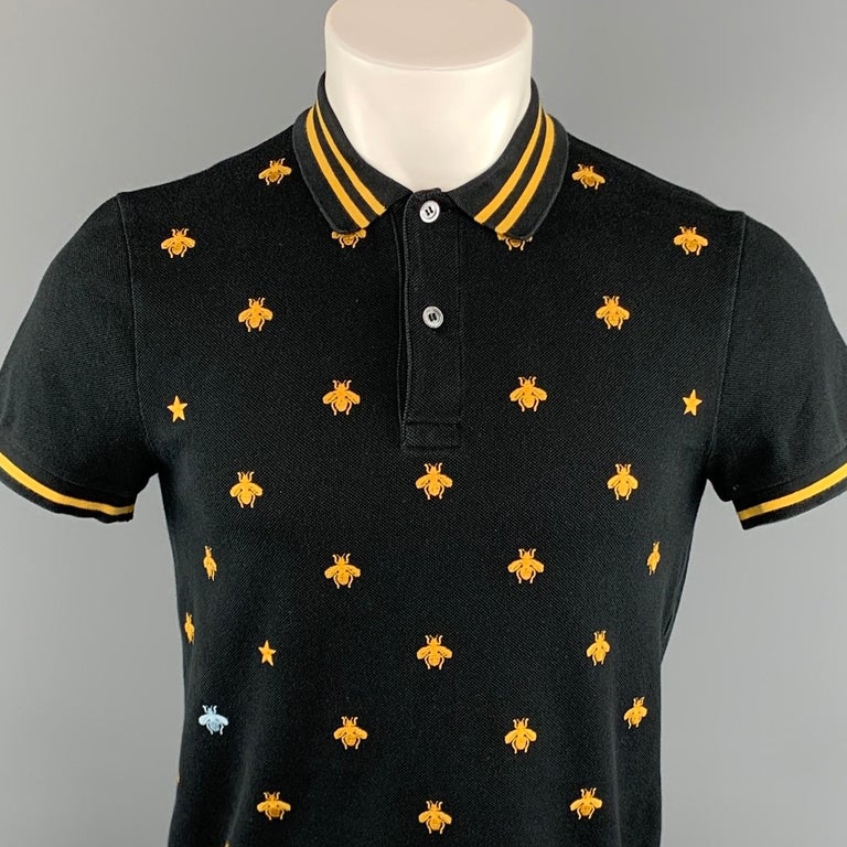 GUCCI Size S Black Yellow Bee Embroidery Cotton Buttoned Polo Shirt at  1stDibs