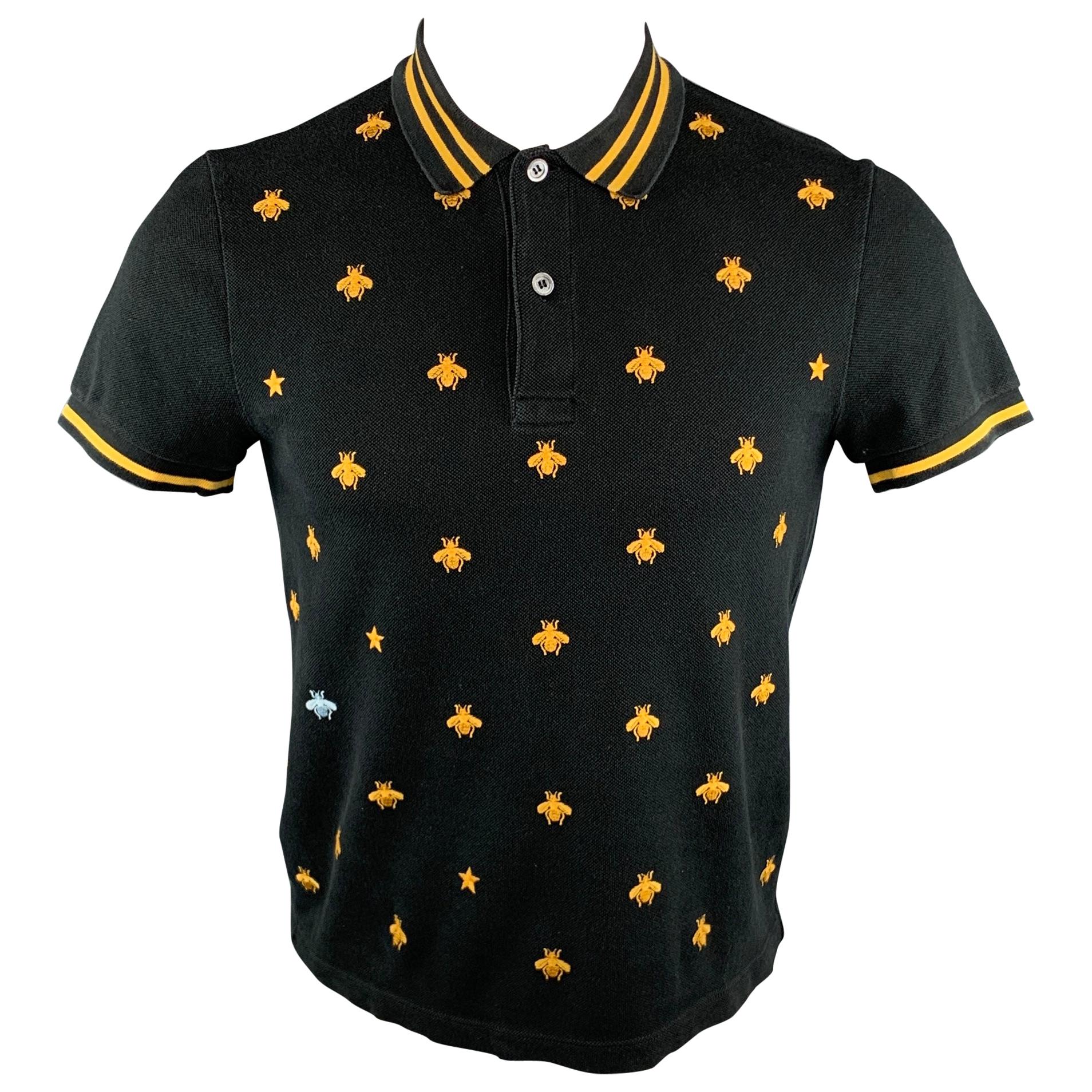 GUCCI Size S Black Yellow Bee Embroidery Cotton Buttoned Polo Shirt