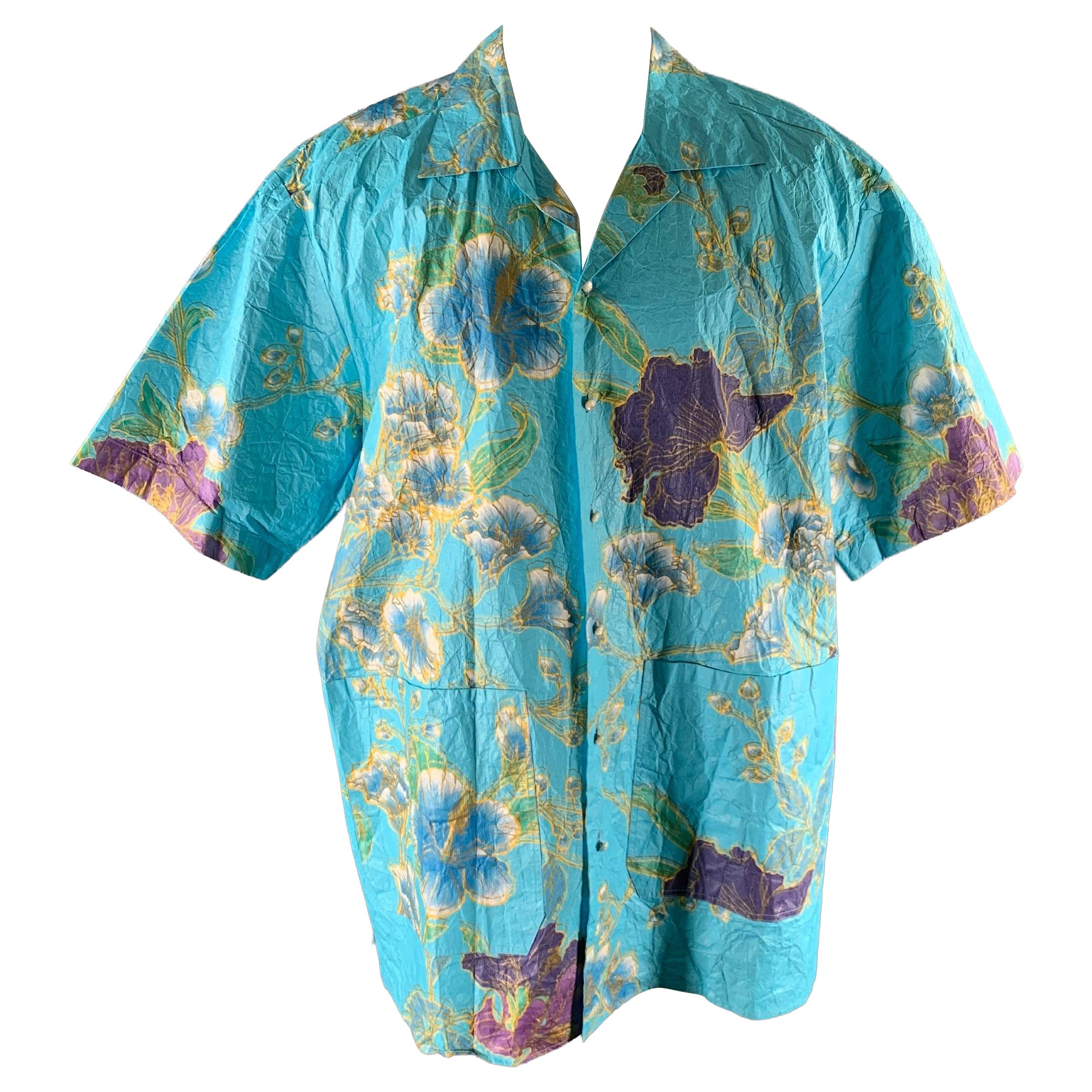 GUCCI Talla S Azul Floral Polietileno Sobredimensionado Campamento Camisa Manga Corta