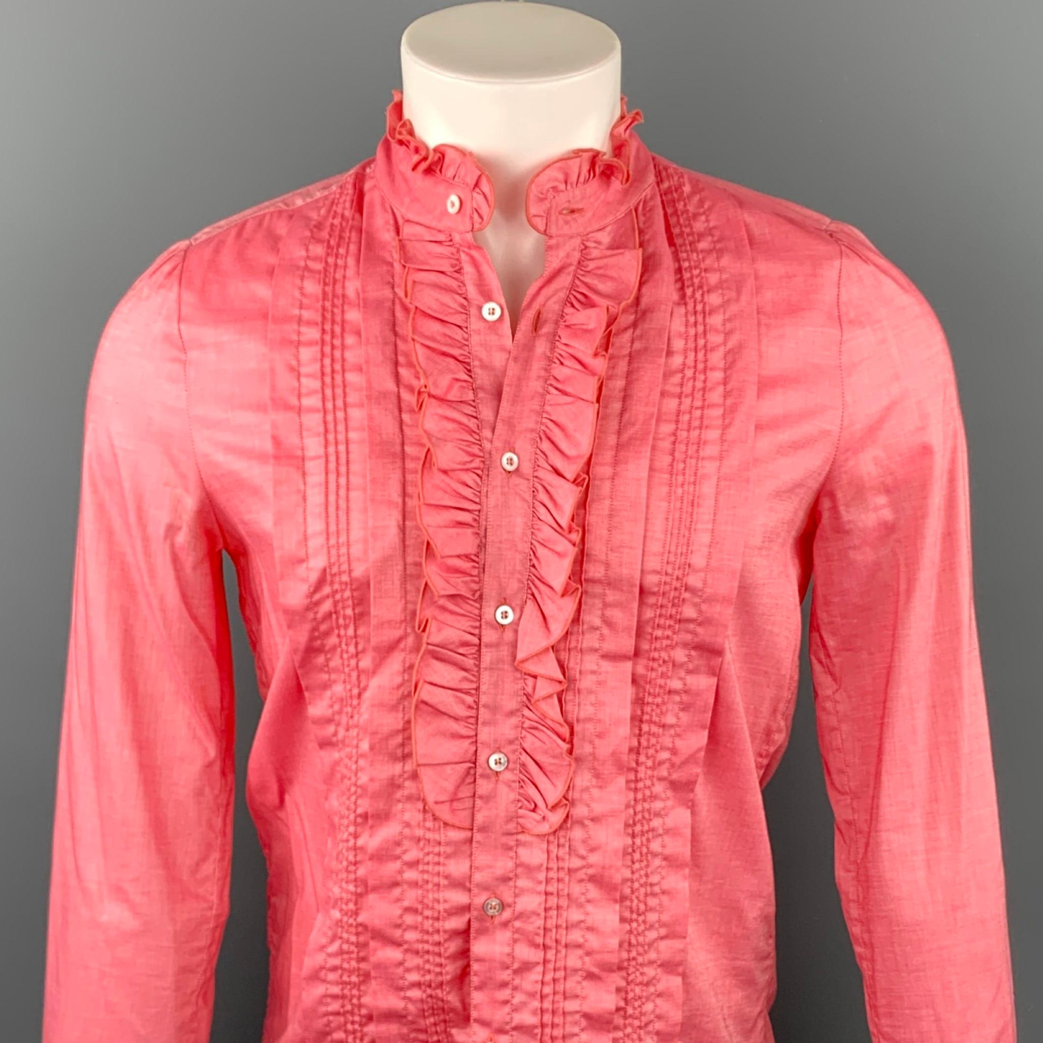 GUCCI long sleeve shirt comes in a coral cotton / viscose featuring a front pleat design, ruffled, and a button up closure. Made in Italy. 

New With Tags.
Marked: S

Measurements:

Shoulder: 15.5 in. 
Chest: 38 in. 
Sleeve: 27 in. 
Length: 25 in. 