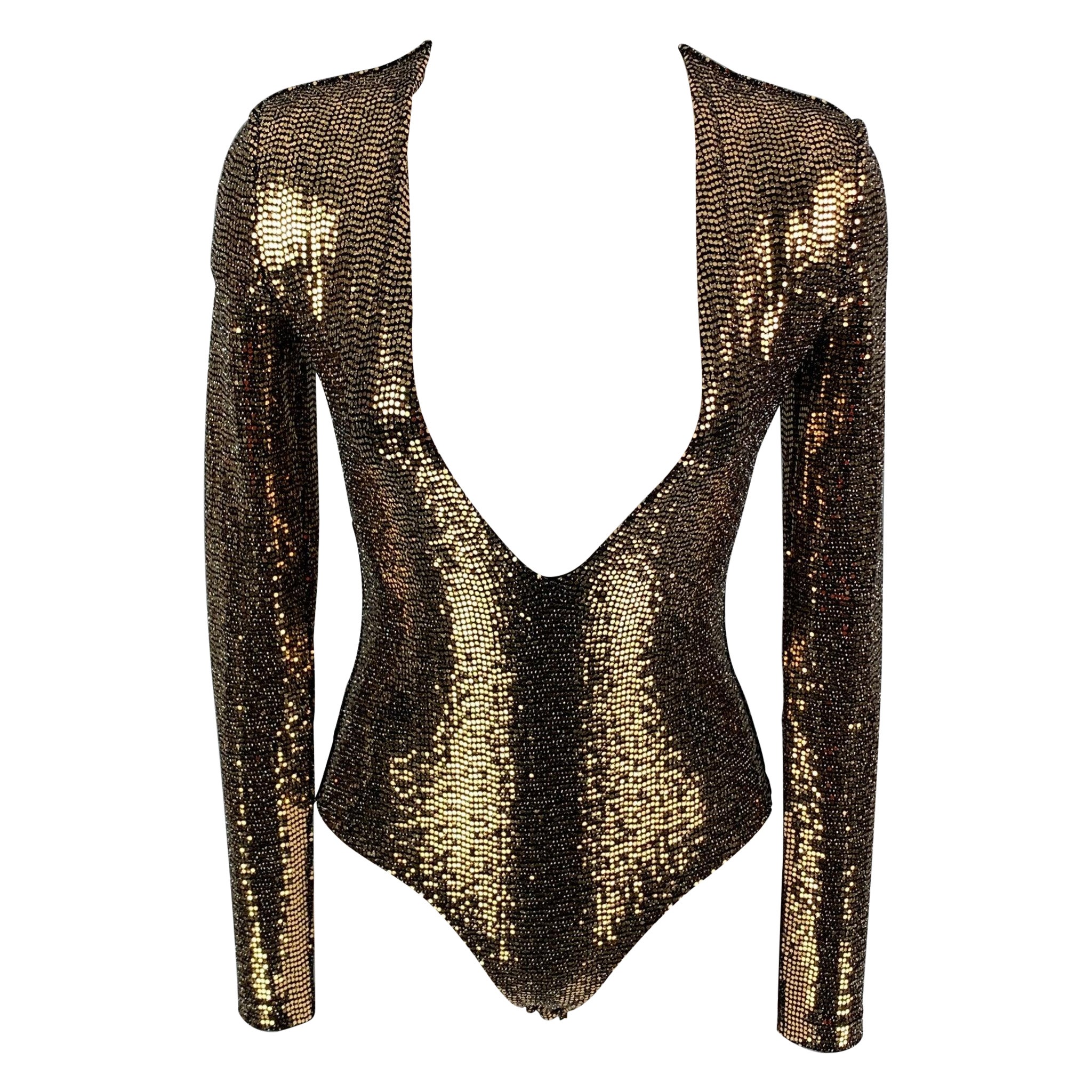 GUCCI Size S Gold Black Polyamide Blend Metallic Body Suit Dress Top