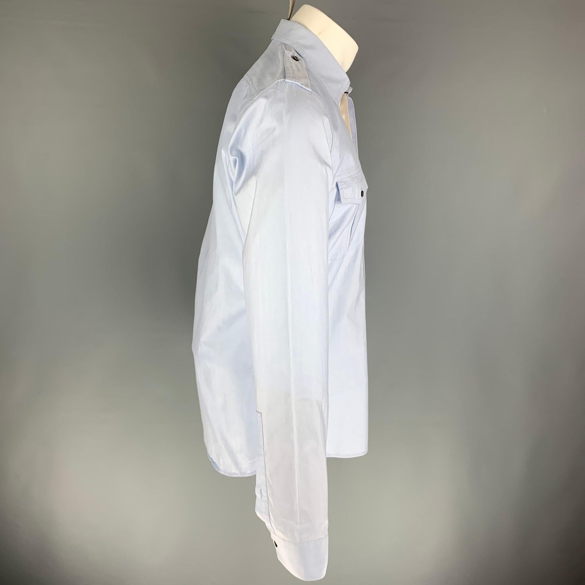 Gray GUCCI Size S Light Blue Solid Cotton Patch Pockets Long Sleeve Shirt For Sale