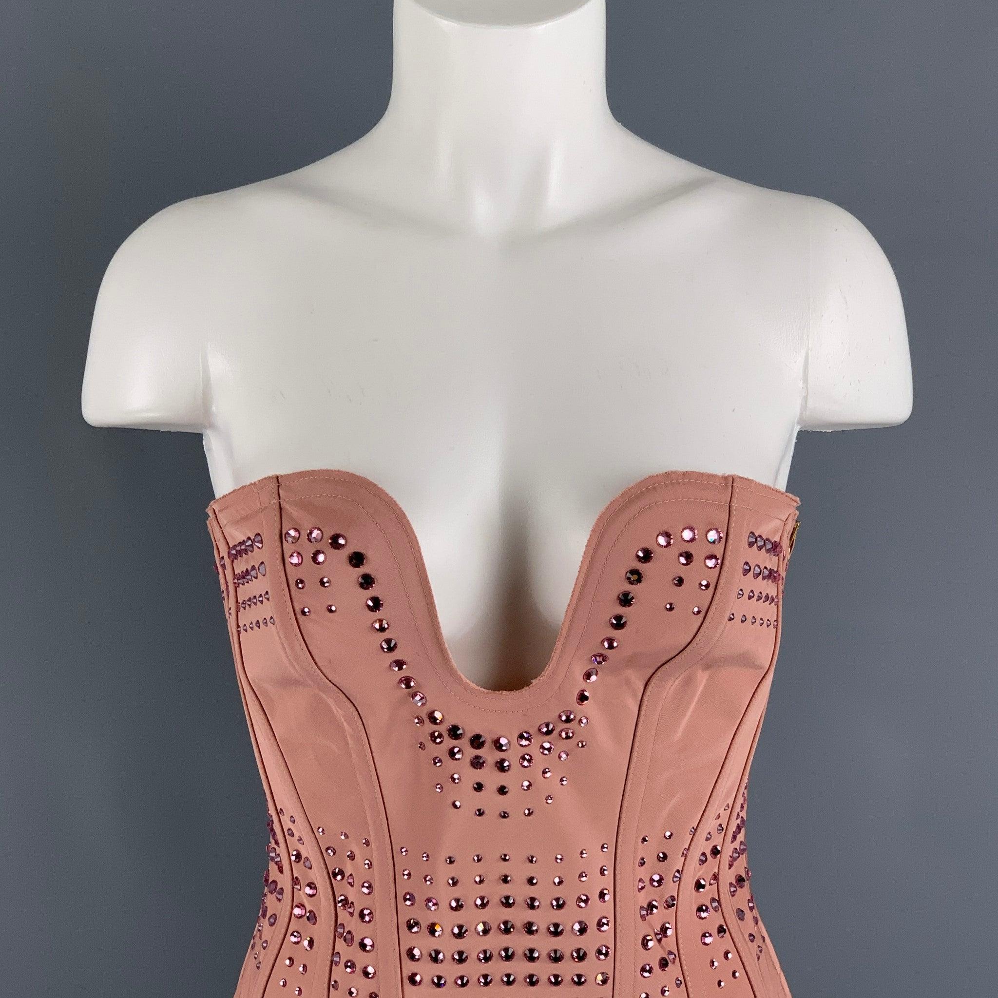 GUCCI SS2022 dress corset top comes in a pink silk woven material featuring pink crystal rhinestones details, lace up at back, and side zipper closure. Made in Italy.New with Tags. 

Marked:  S 

Measurements: 
 Bust: 27 inches Length: 15 inches 
 
