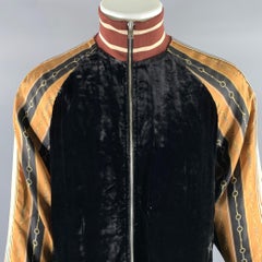 GUCCI Size XL Black Gold Burgundy Chain Print Viscose Silk Track Jacket
