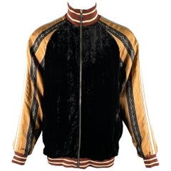 GUCCI Size XL Black Gold Burgundy Chain Print Viscose Silk Track Jacket