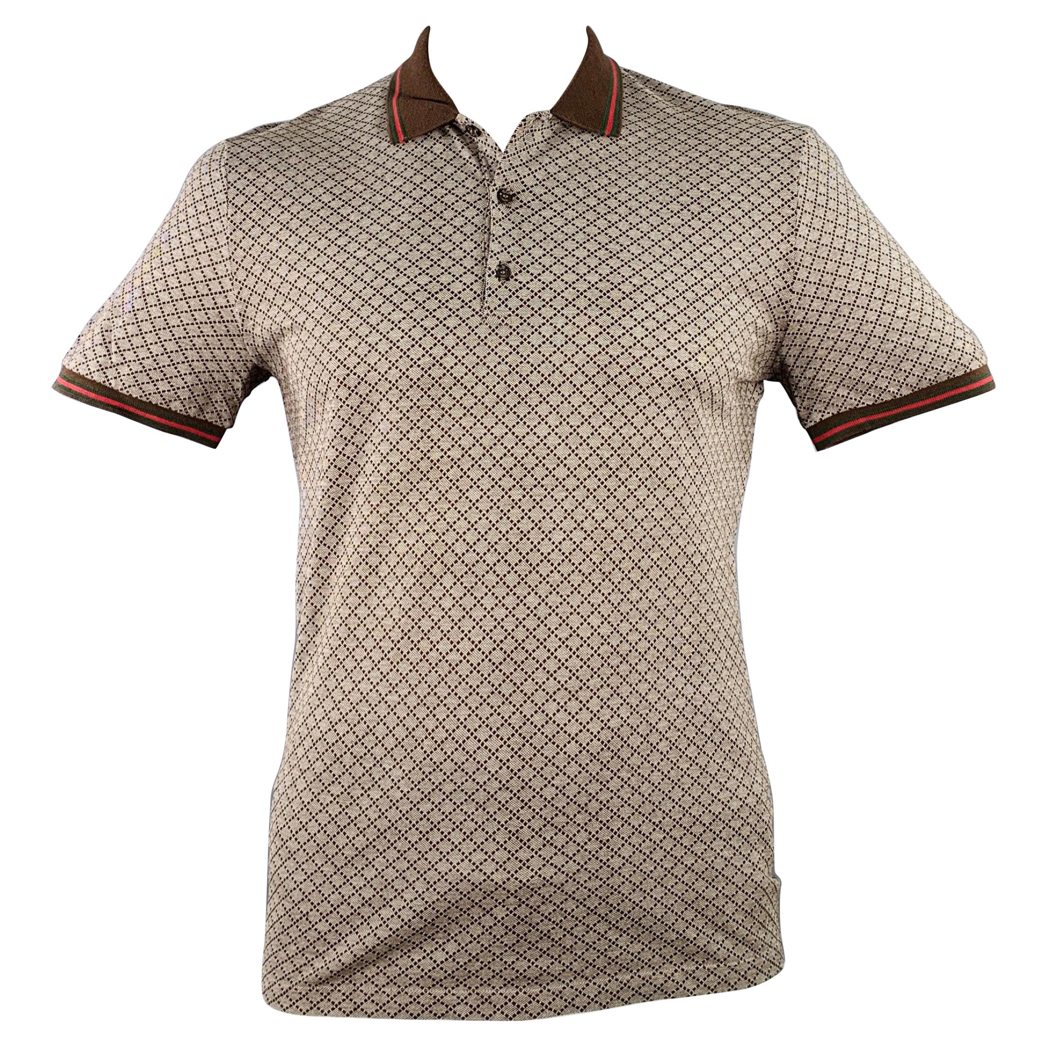 GUCCI Size XL Brown Red Diamond Cotton Contrast Trim Polo
