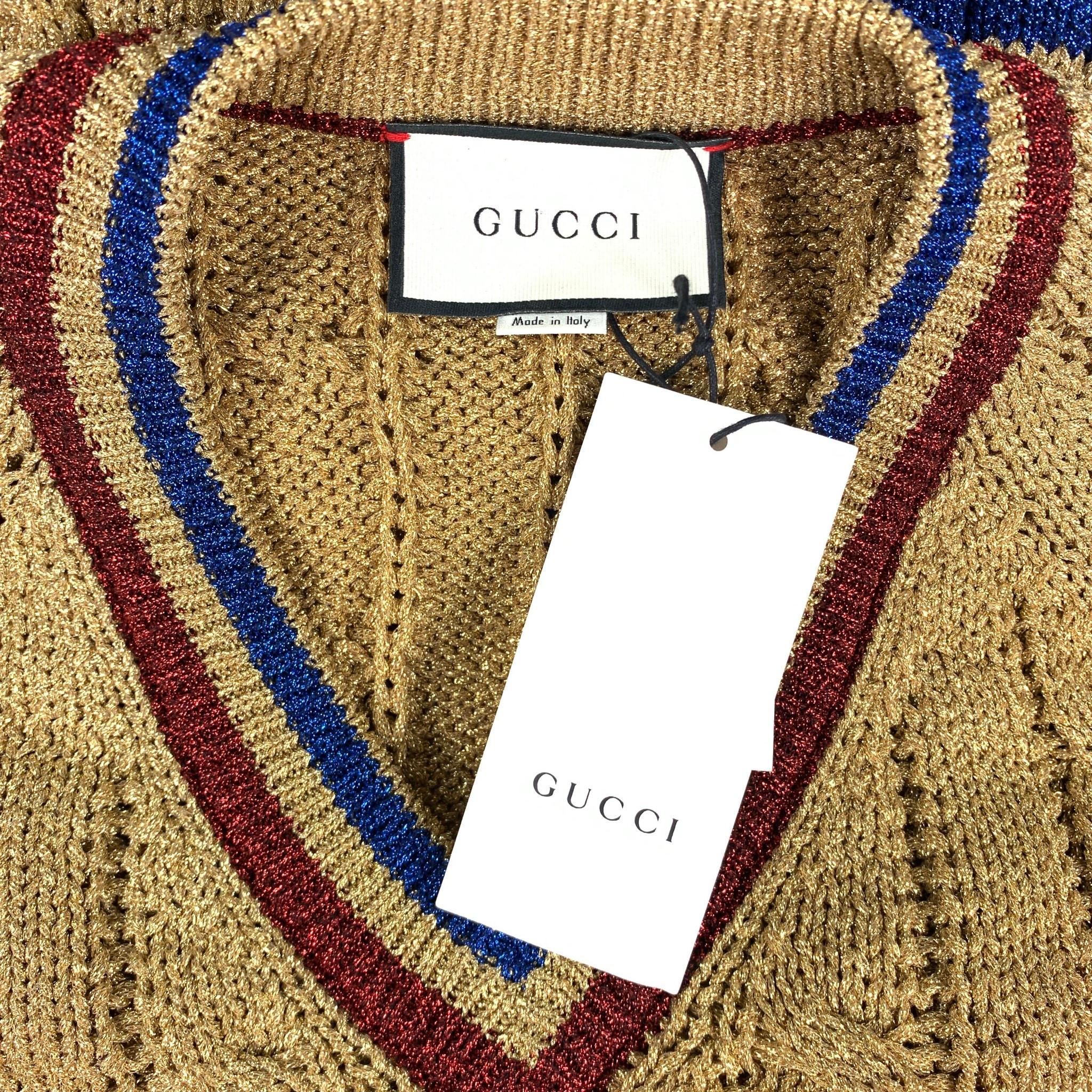 GUCCI Size XL Gold Metallic Fiber Blend Cable Knit V-Neck Sweater In New Condition In San Francisco, CA