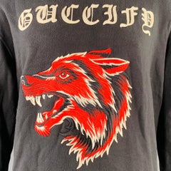GUCCI Size XL Guccify Wolf Black Red White Applique Cotton Hooded Sweatshirt