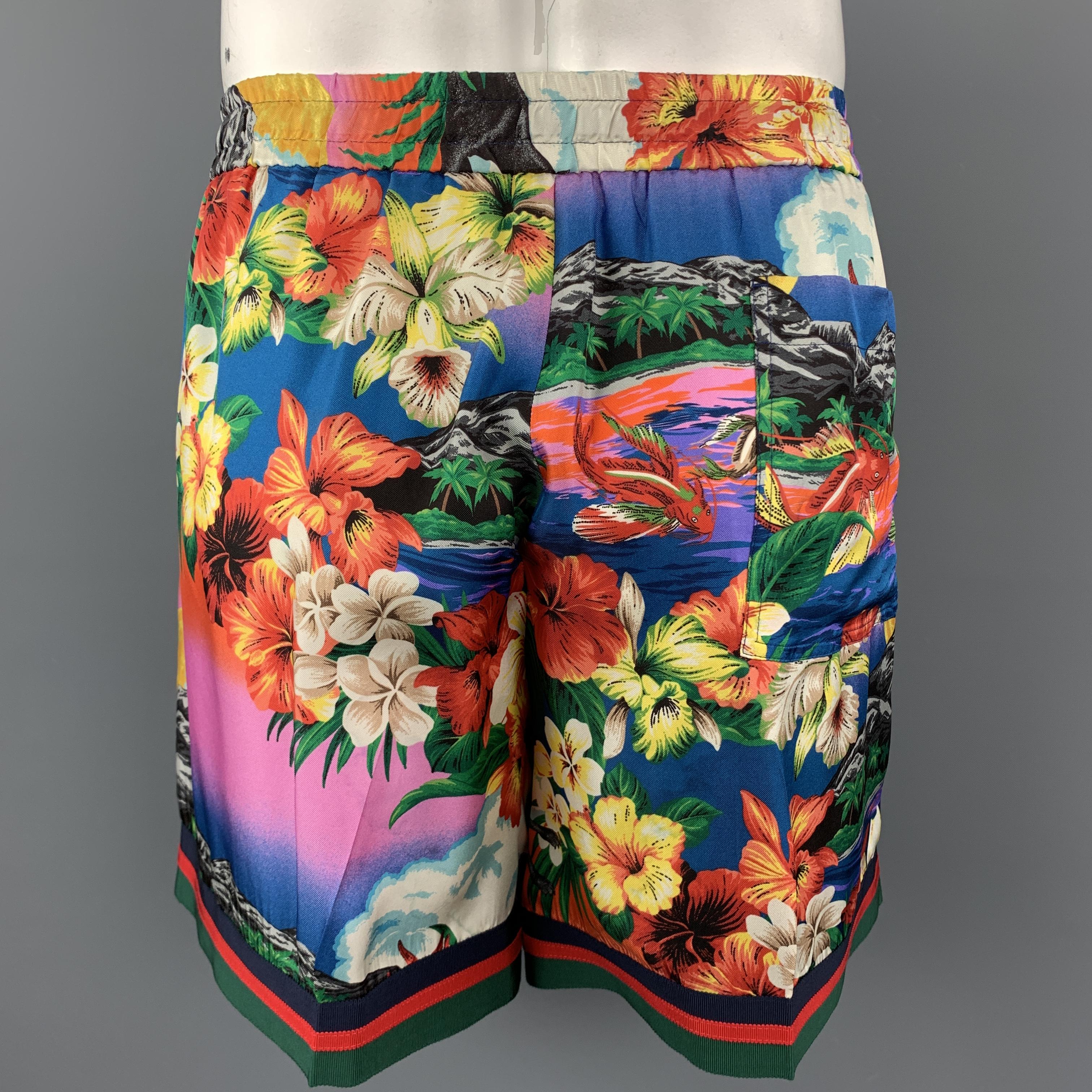 Brown GUCCI Size XL Multi-Color Floral Print Silk Drawstring Shorts