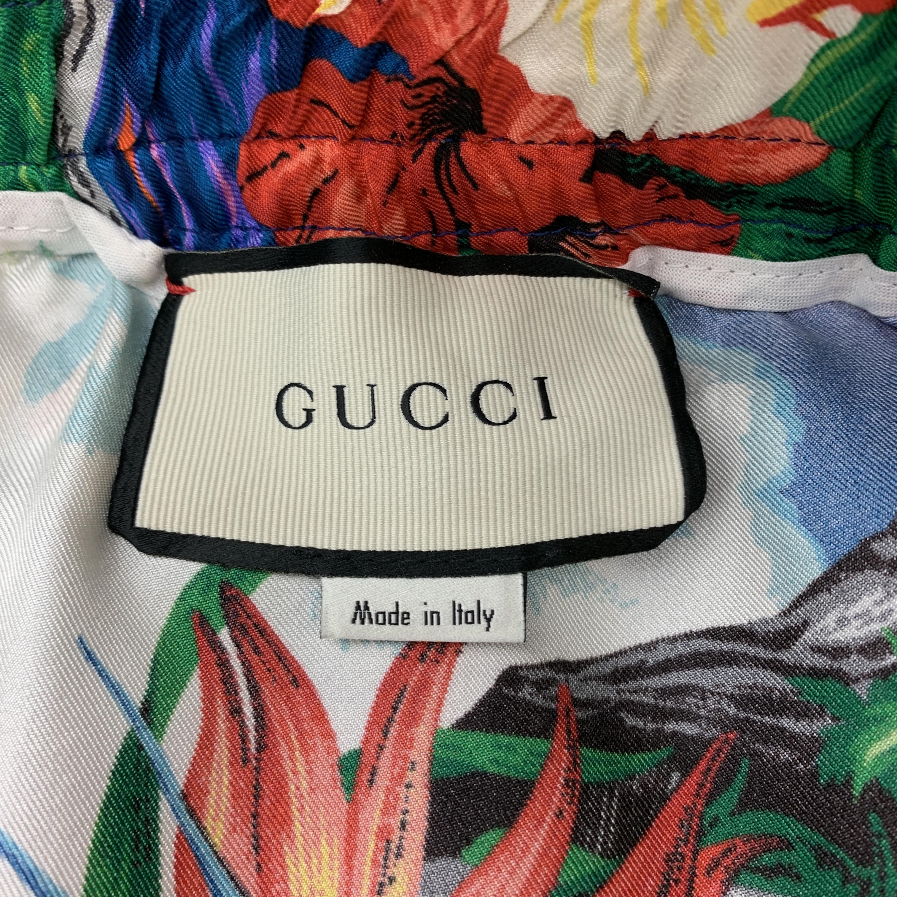 GUCCI Size XL Multi-Color Floral Print Silk Drawstring Shorts In Good Condition In San Francisco, CA