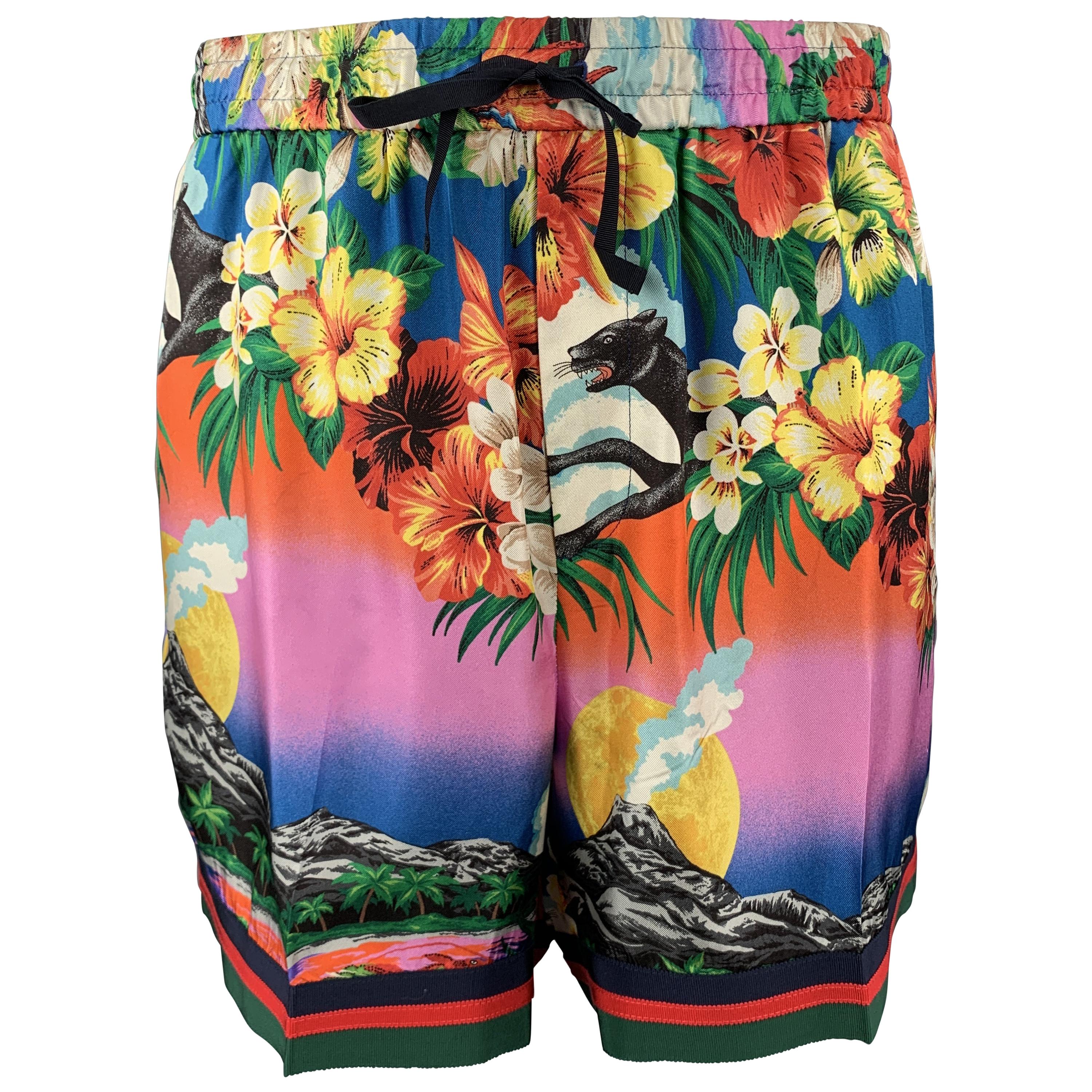 GUCCI Size XL Multi-Color Floral Print Silk Drawstring Shorts