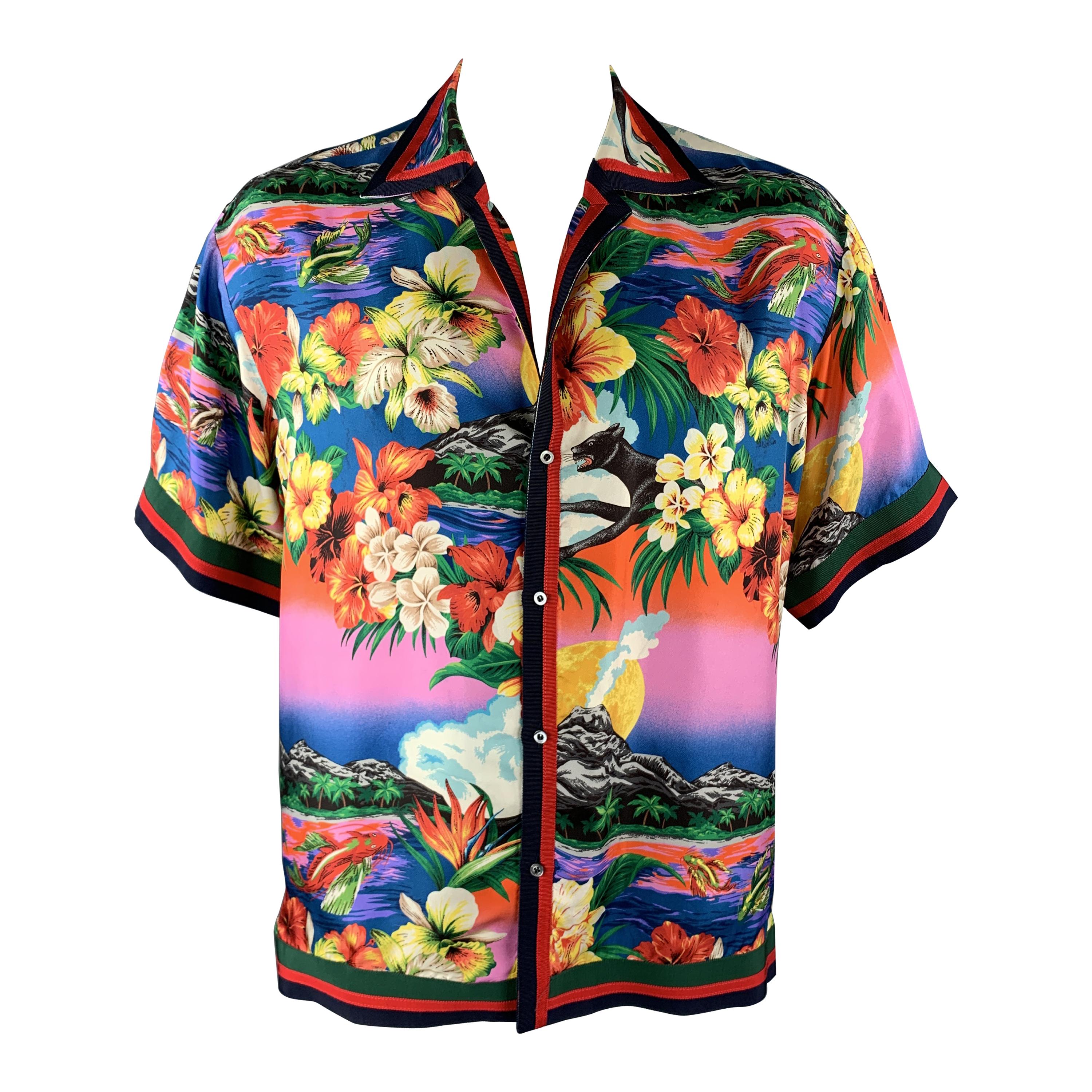 GUCCI Size XL Multi-Color Floral Silk Ribbon Trim Button Up Short Sleeve Shirt