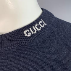 GUCCI Size XL Navy White Logo Silk Cotton Short Sleeve Crew Neck Pullover