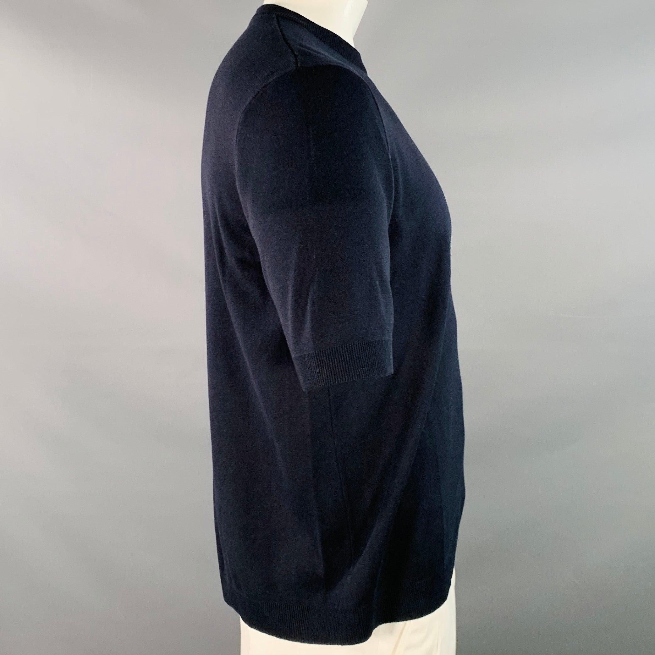 GUCCI Talla XL Azul Marino Blanco Logo Seda Algodón Manga Corta Cuello Crew Jersey Negro en venta