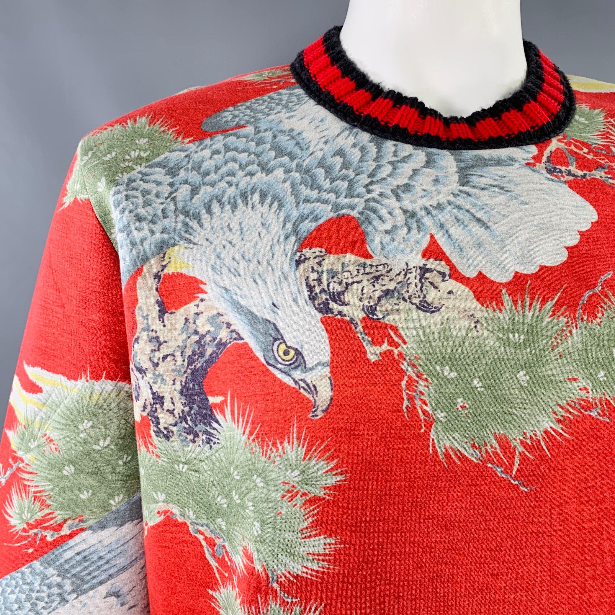 GUCCI sweatshirt
in a red and multi-color modal featuring a Japanese-inspired birds print; rib knit cuffs, hem, and neckline; and crew neck. Made in Italy.Excellent Pre-Owned Condition. 

Marked:   XL 

Measurements: 
 
Shoulder: 19.5 inches Chest: