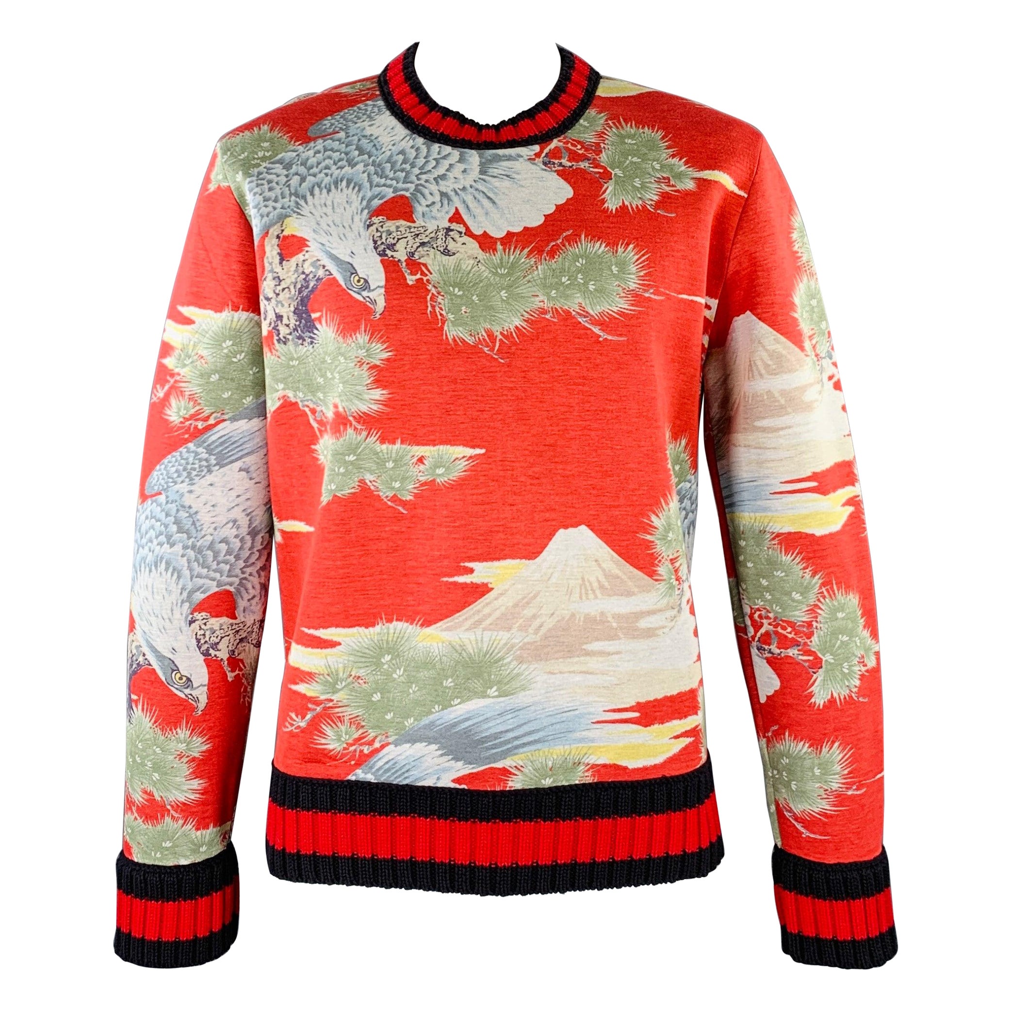 GUCCI Size XL Red Multi Color Print Modal Crew Neck Sweatshirt