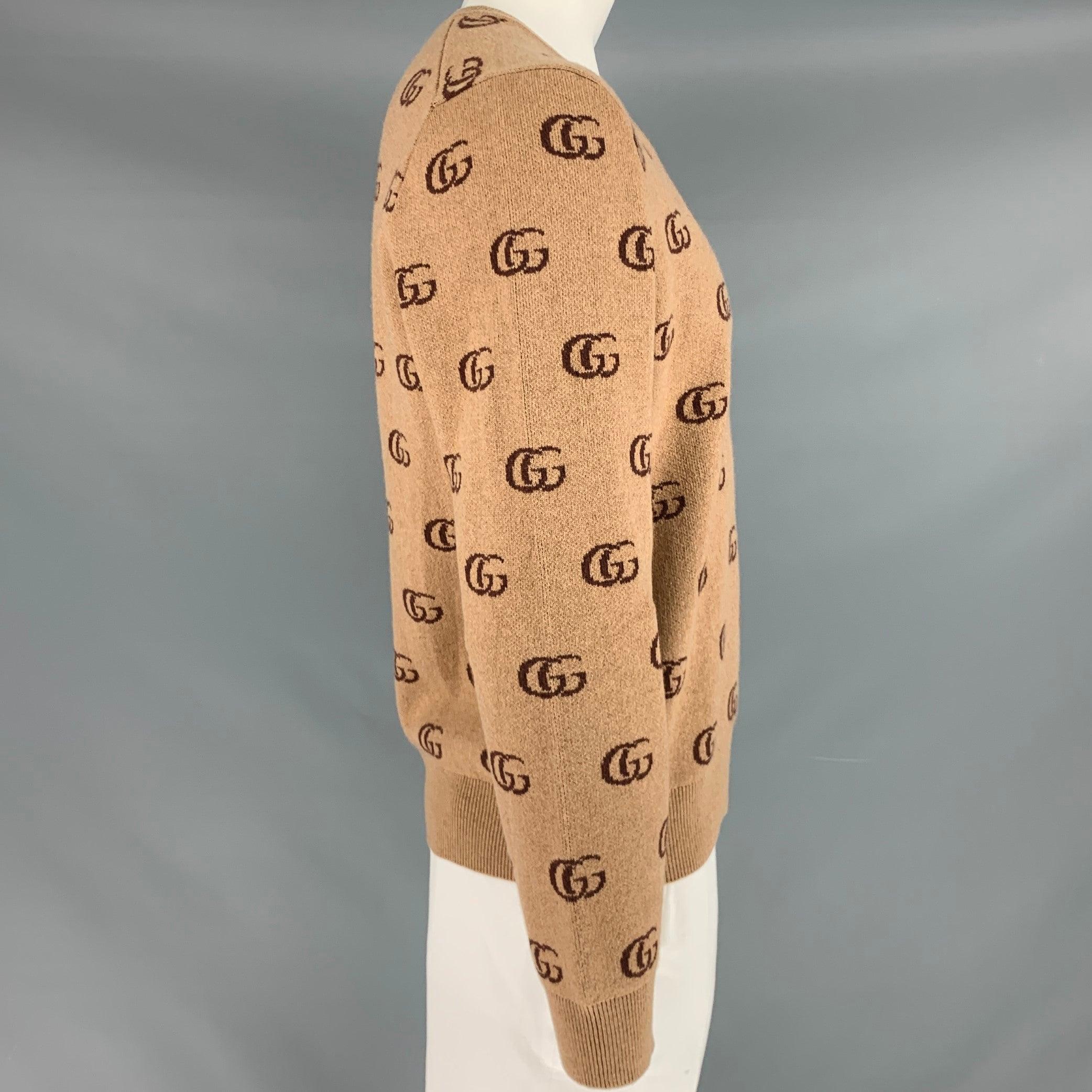 GUCCI Size XL Tan Brown GG Monogram Cashmere Wool V-Neck Sweater In Excellent Condition In San Francisco, CA