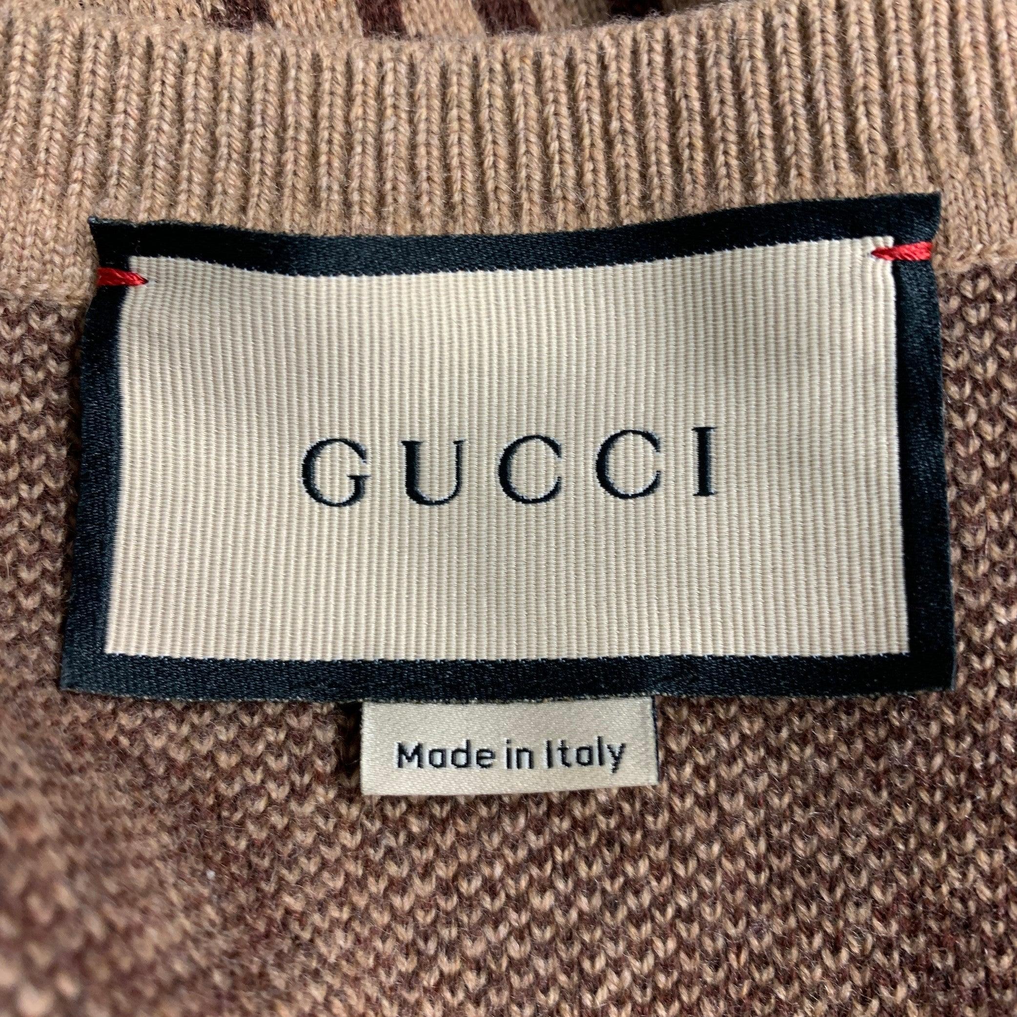 GUCCI Size XL Tan Brown GG Monogram Cashmere Wool V-Neck Sweater 1