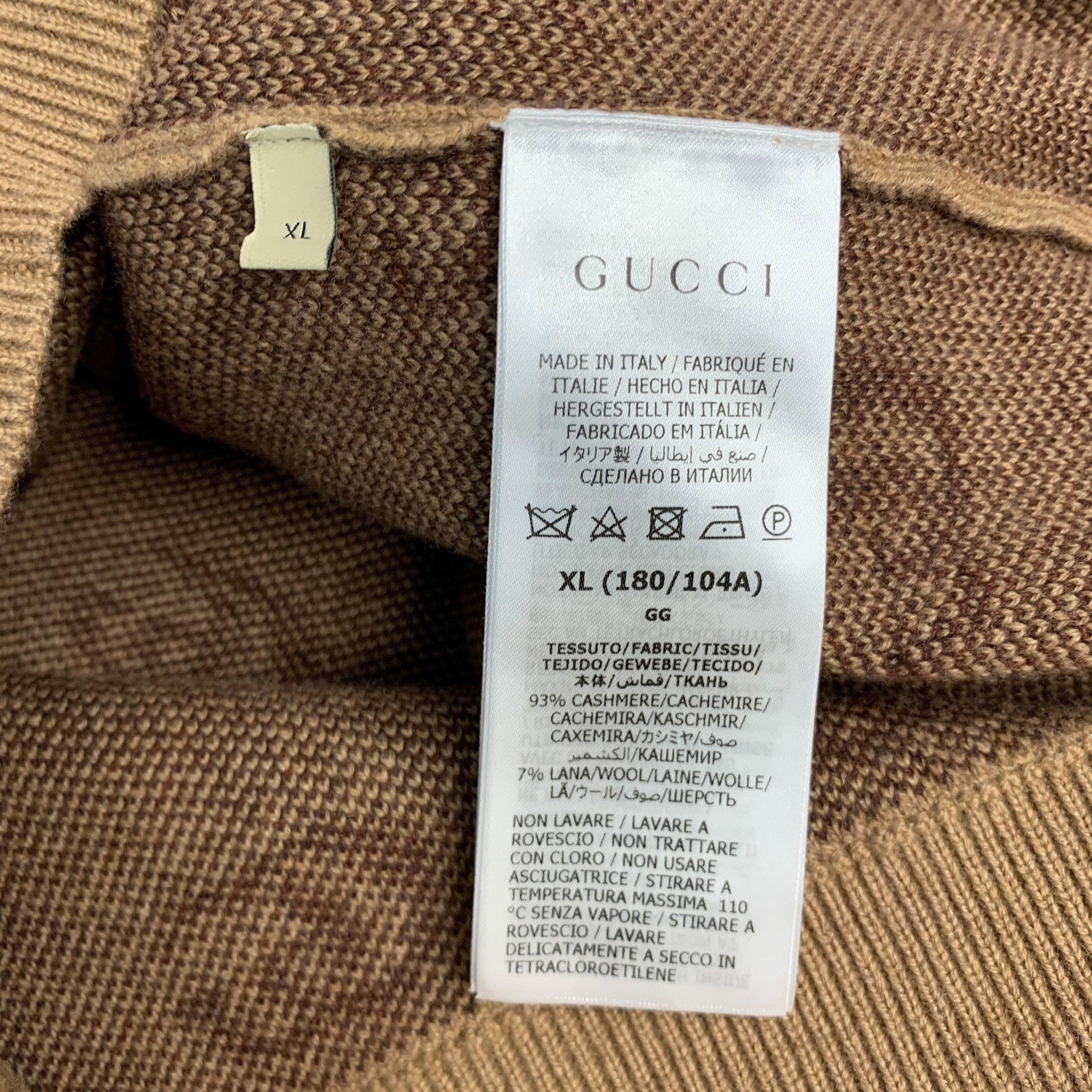 GUCCI Size XL Tan Brown GG Monogram Cashmere Wool V-Neck Sweater 2
