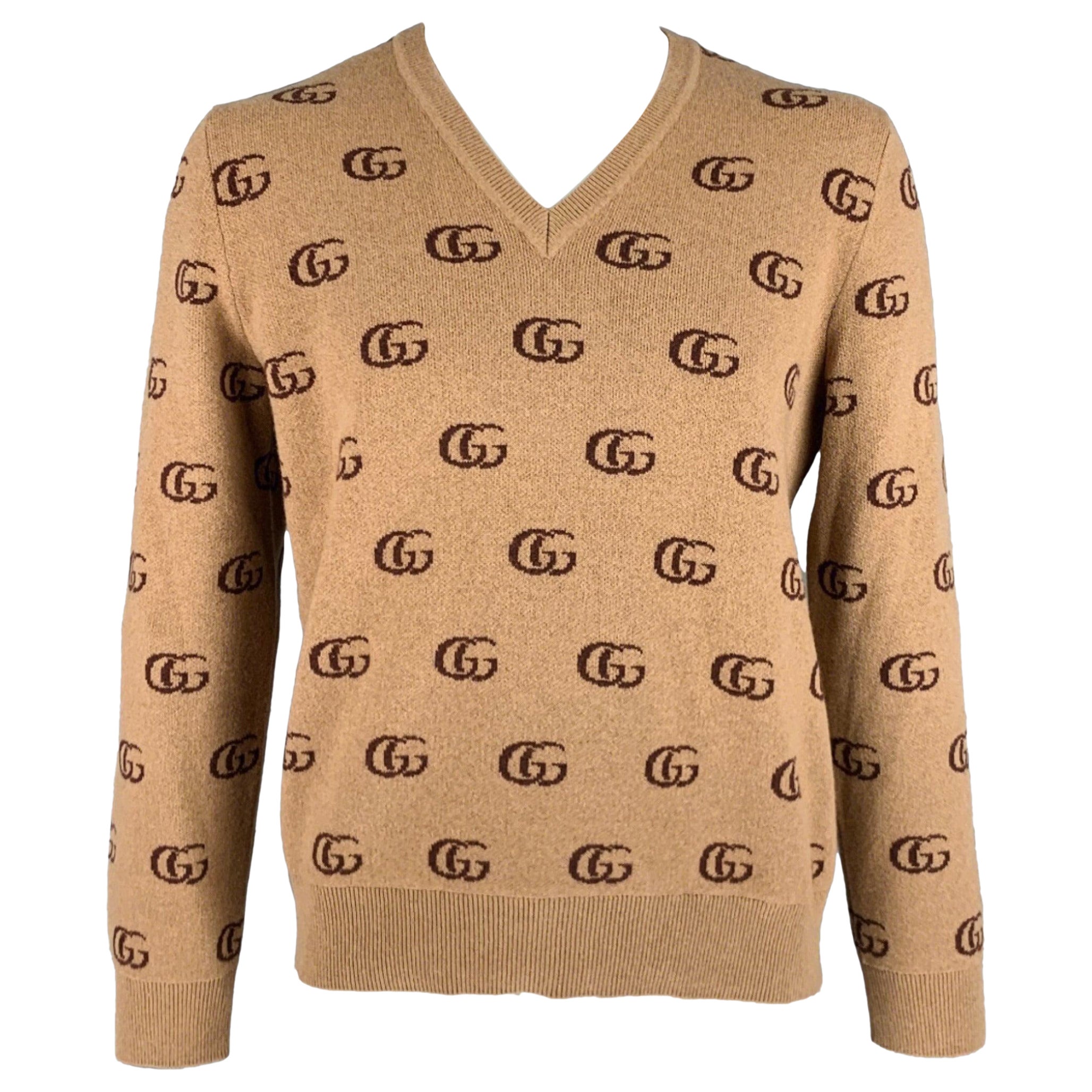 GUCCI Size XL Tan Brown GG Monogram Cashmere Wool V-Neck Sweater