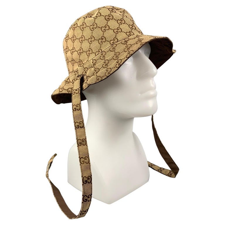 GUCCI Size XL Tan Brown Monogram Canvas Reversible Bucket Hat For Sale