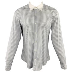 GUCCI Size XL White 
Black Stripe Cotton Button Up Long Sleeve Shirt