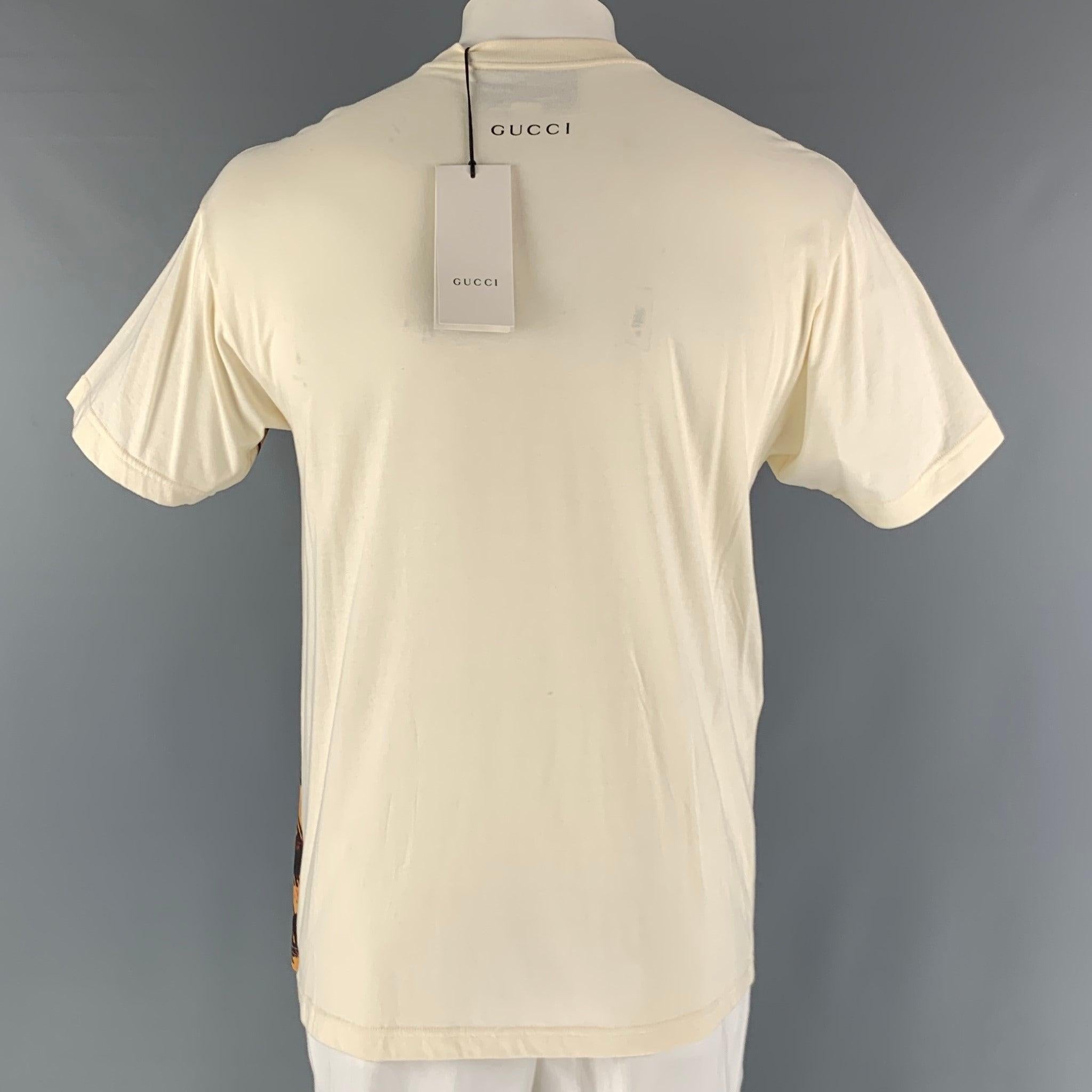 GUCCI Size XS Beige Multi-Color Embroidery Cotton Crew-Neck T-shirt In Excellent Condition For Sale In San Francisco, CA